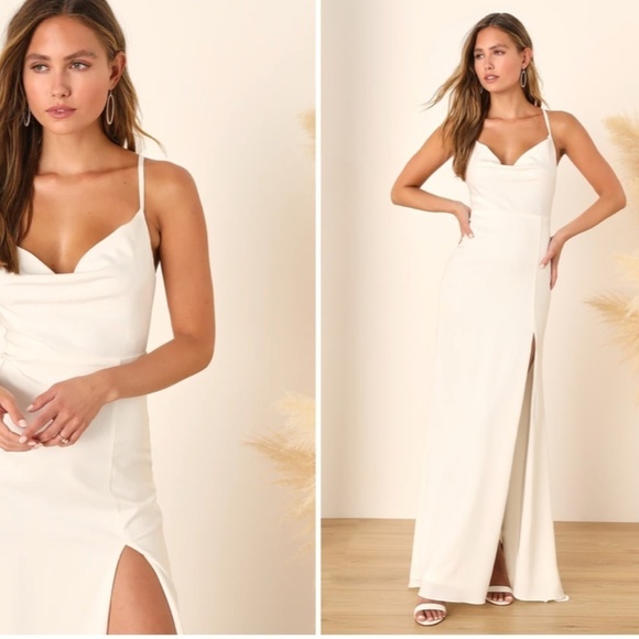 LULU's Bridal Sexy Sophisticated White Satin Cowl Neck Chic Wedding Gown - Picture 3 of 4